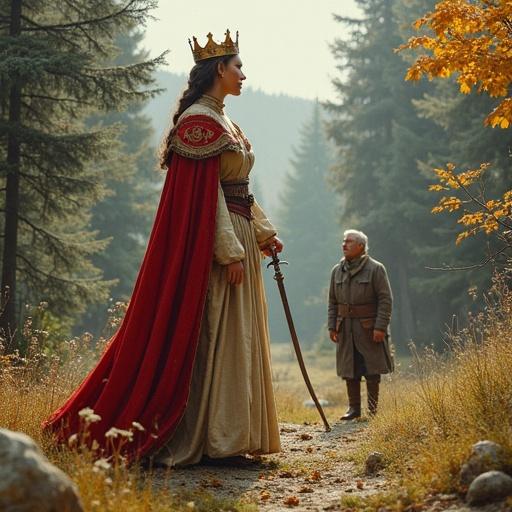 A queen in flowing dress and crown stands above a knight on one knee holding a sword above her head. The knight, dressed in armor, bows his head in respect. In the background, people in medieval clothing observe the scene with solemn expressions. The color palette includes cream, signal black, slate gray, gray-brown, and light teal.