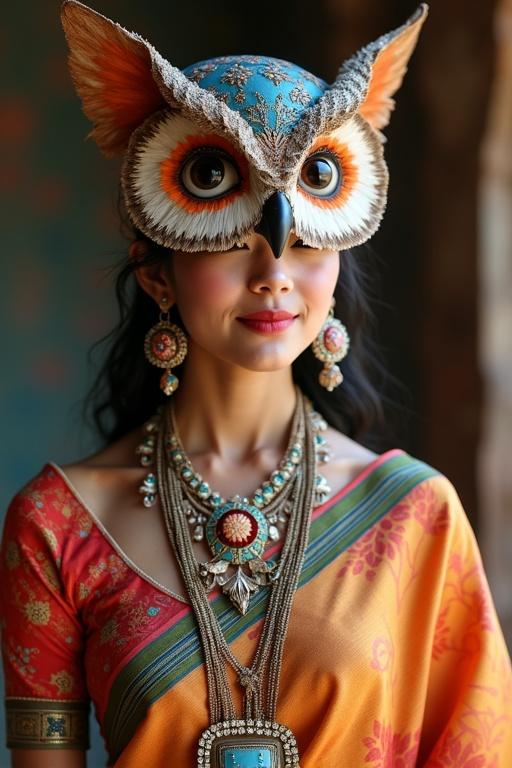 A woman wears a colorful saree and embodies an owl. She has an owl headdress with large eyes and wings. Jewelry complements the outfit. Background features vibrant colors.