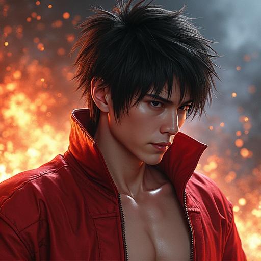 Illustration of a character inspired by Jin Kazama from the game Tekken. The character has spiky black hair and is wearing a red jacket. The background features flames suggesting a dramatic environment. The character appears intense and focused.