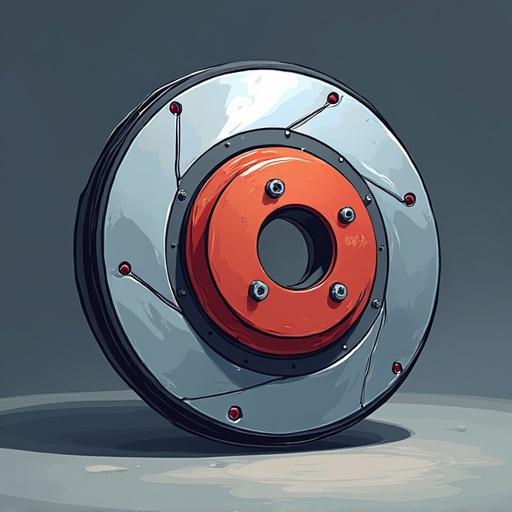 A cartoon-style image of a disk brake. The brake has a shiny metallic surface with an orange central hub. The background is simple and unobtrusive. The focus is on the brake's details and design features.