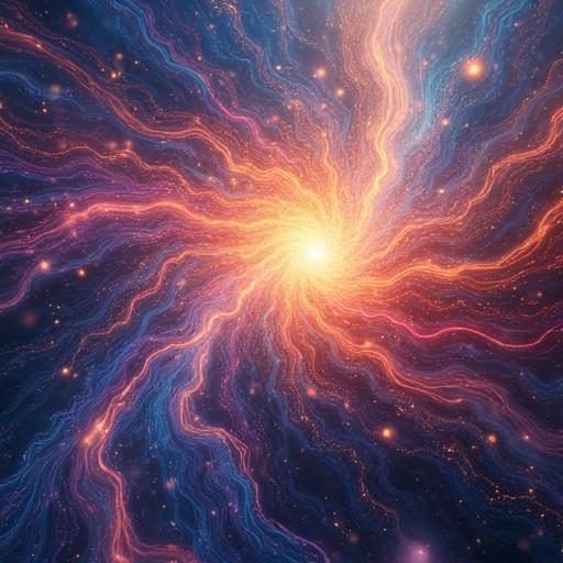 Abstract swirling lines of pure energy in vibrant shifting colors. Emanate from a central point. Represent primordial vibration and energy. Highly detailed and dynamic.