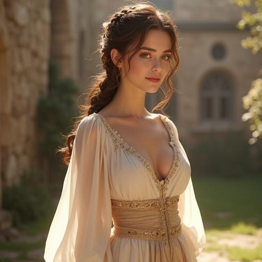 A graceful 25-year-old woman stands in a medieval fantasy setting. She has a curvy figure with a large elegant bust. Slim waist and soft rounded features. Warm almond-shaped brown eyes and tender smile. Smooth skin with a matte glow and light freckles. Chestnut brown hair is loosely braided or in a bun. Elegant lightweight medieval outfit made of sheer linen and silk in pale earthy tones. Flows lightly with movement, featuring flowing sheer sleeves and delicate embroidery. Modest mini skirt complements her silhouette. Positioned in sunlit rustic stone cottage courtyard.