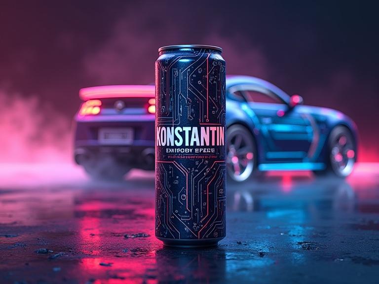 A sleek energy drink can labeled 'KONSTANTIN' features vertical text and an electric circuit design. Background includes a vibrant show car silhouette highlighted by neon lights.