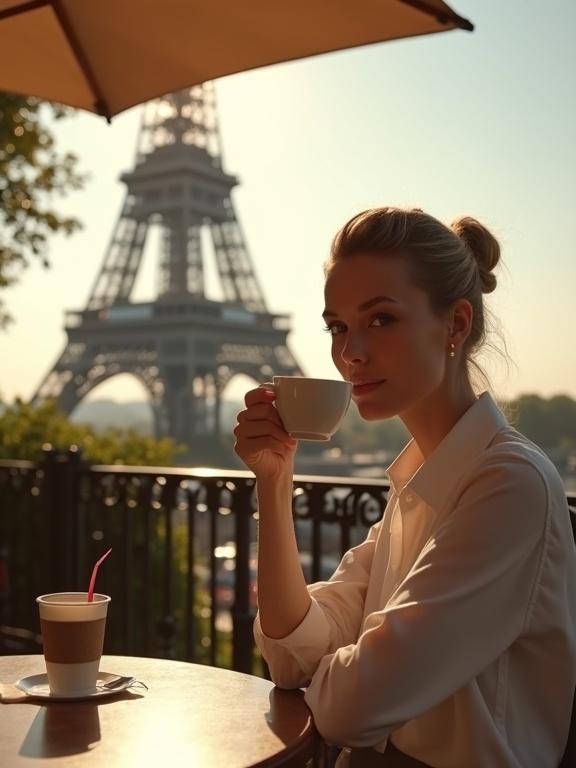Elegant woman in a white shirt sipping coffee at a Parisian café. Hair styled in a casual updo. Smiling gently at the camera. Eiffel Tower in the background under a blazing sun. Scene viewed from shaded café table. Captures stillness and life. Architectural beauty combined with a relaxed atmosphere.
