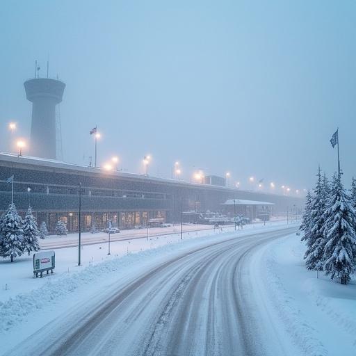 Moscow Sheremetyevo International Airport on a snowy morning. The scene features a snow-covered runway and airport building. Visibility is low due to the snow. The image captures the tranquility and cold atmosphere of winter.