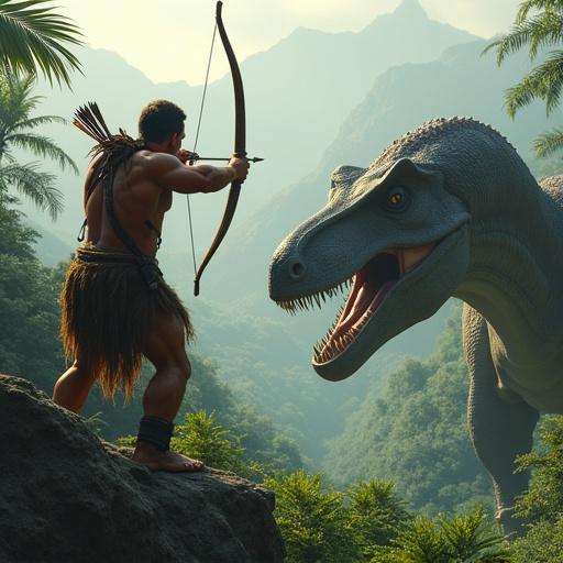 A muscular prehistoric human hunter aims a composite bow at a massive Theropod dinosaur in a dense Cretaceous jungle. The hunter is on a rocky outcrop with taut bowstring and stone-tipped arrows. The dinosaur snarls mid-charge, saliva dripping from its jaws. Misty dawn light filters through towering ferns and volcanic mountains. Blood stains on the hunter's bandages indicate prior battles. Style is hyper-realistic, combining Primal and The Revenant aesthetics.