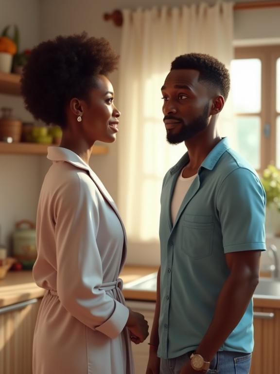 A young African couple in the kitchen. Woman has natural hair and is wearing a robe. Man is in a sky blue shirt and jean shorts. Steam from coffee rises. They express surprise and softness in their interaction. The scene is bright and inviting.
