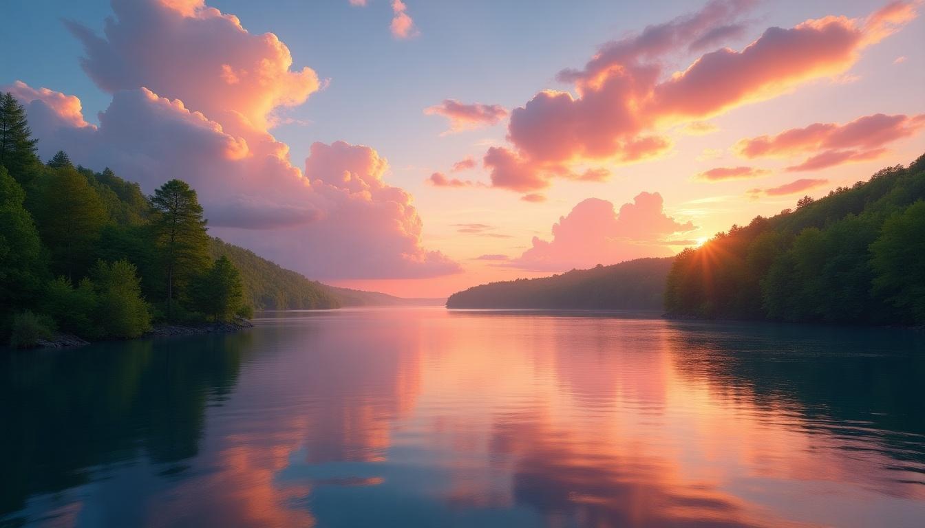 Serene landscape featuring a beautiful sunset over a calm lake. Water reflects vibrant colors of sunset with hues of orange, pink, and purple. Lush green trees line shores. Fluffy and colorful clouds enhance peaceful ambiance. Picturesque view invites appreciation of nature.