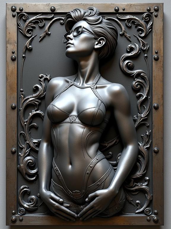 Photorealistic rendered image of a forged steel plaque. Show high-relief sculpture of a sensual woman. Woman has small rectangle glasses and tousled pixie cut. She emerges from steel beautifully. Voluptuous form wrapped in flowing patterns of stylized metal. Patterns resemble armor and organic forms. Eyes closed in serene power indicating strength. Plaque framed by thick border of riveted brushed steel. Border engraved with flowing Art Nouveau filigree.