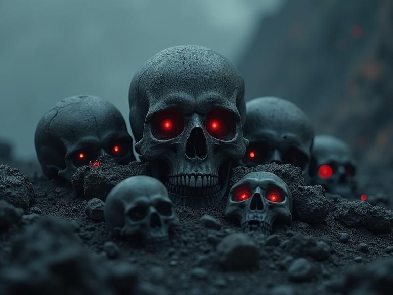 Several skulls emerge from black rock, center skull with glowing red eyes, rocks covered in ash, dark cinematic atmosphere, dust in the air.