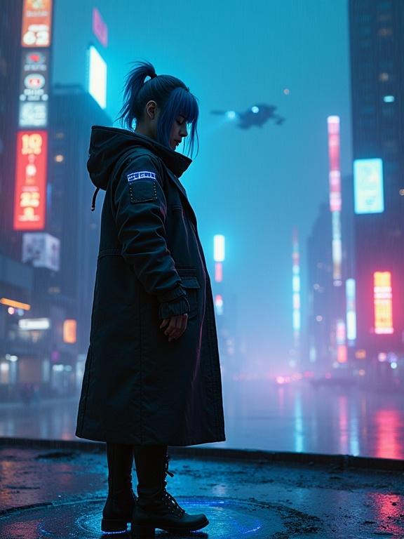 Ultra-realistic cyberpunk scene at night in neon-lit city. 19-year-old girl with glowing cyan hair stands on rain-slick rooftop. Surrounded by flickering holographic ads. Hair glows like fiber optics over high-collar black leather coat lined with LED runes. One eye natural, other has sleek cybernetic implant. Wears armored boots and tactical gear. Faint blue magic circle shimmers beneath her boots. Flying vehicles zoom through smog. Neon dragons twist around towers. Moody, cinematic atmosphere with wet surfaces reflecting colors.