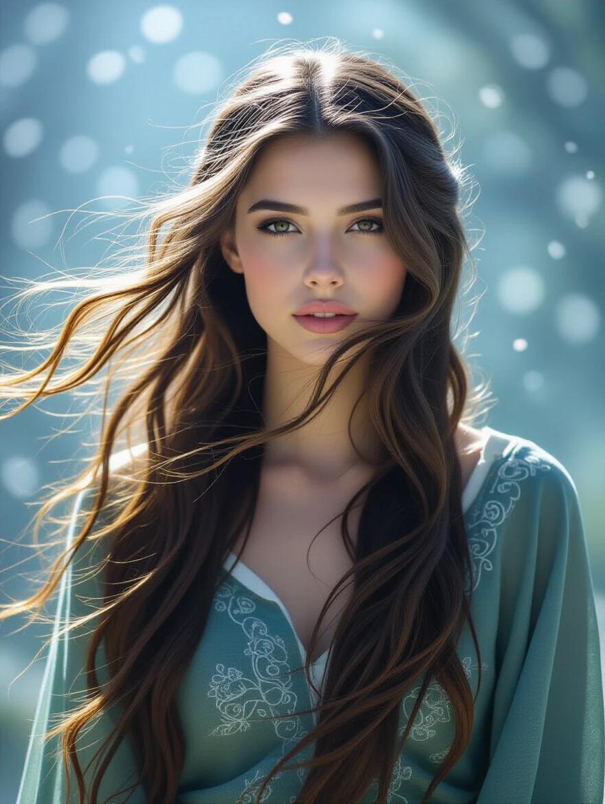 Enchanting portrait of a person with long flowing hair. Magical atmosphere with soft lighting and dreamy background. The focus is on the person's captivating expression and hair.