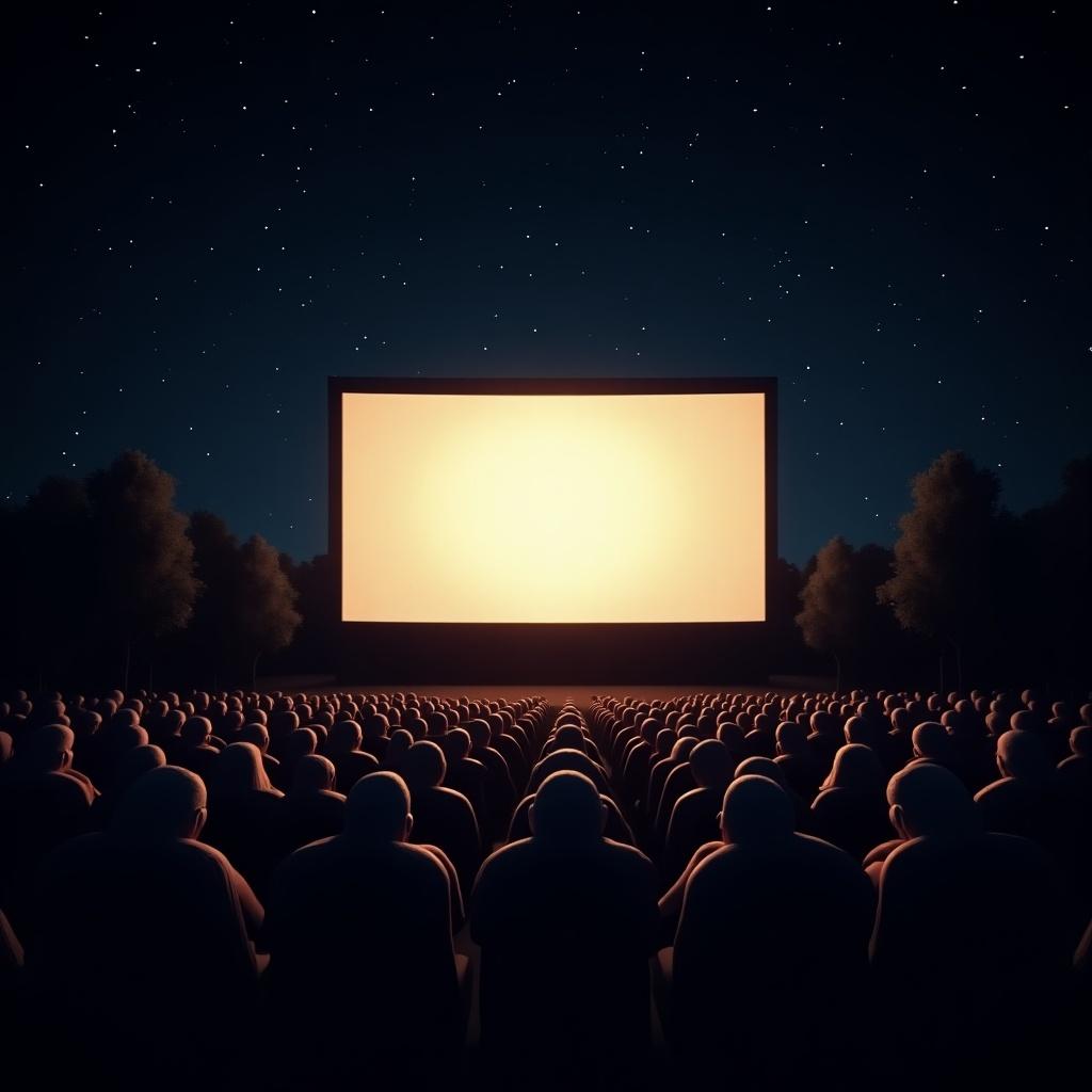 Drive-in movie theater scene with a starry night sky. Huge screen lit up. Large audience facing the screen in dark surroundings.