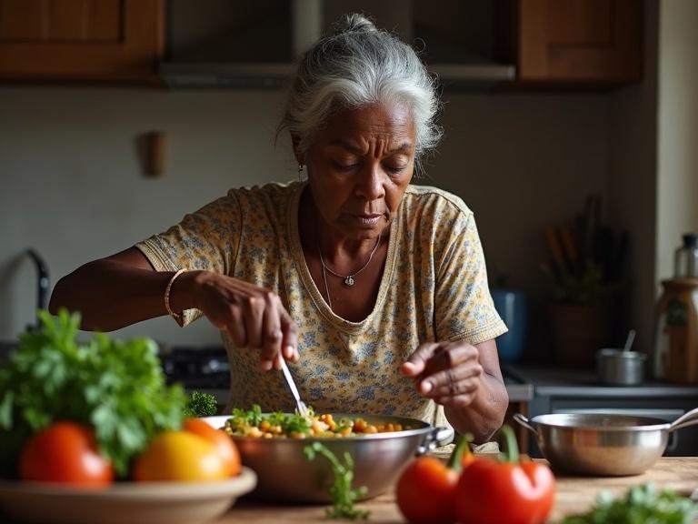 Elderly woman focused on cooking in a kitchen. She looks serious while adding ingredients to a bowl. Fresh vegetables are on the table.