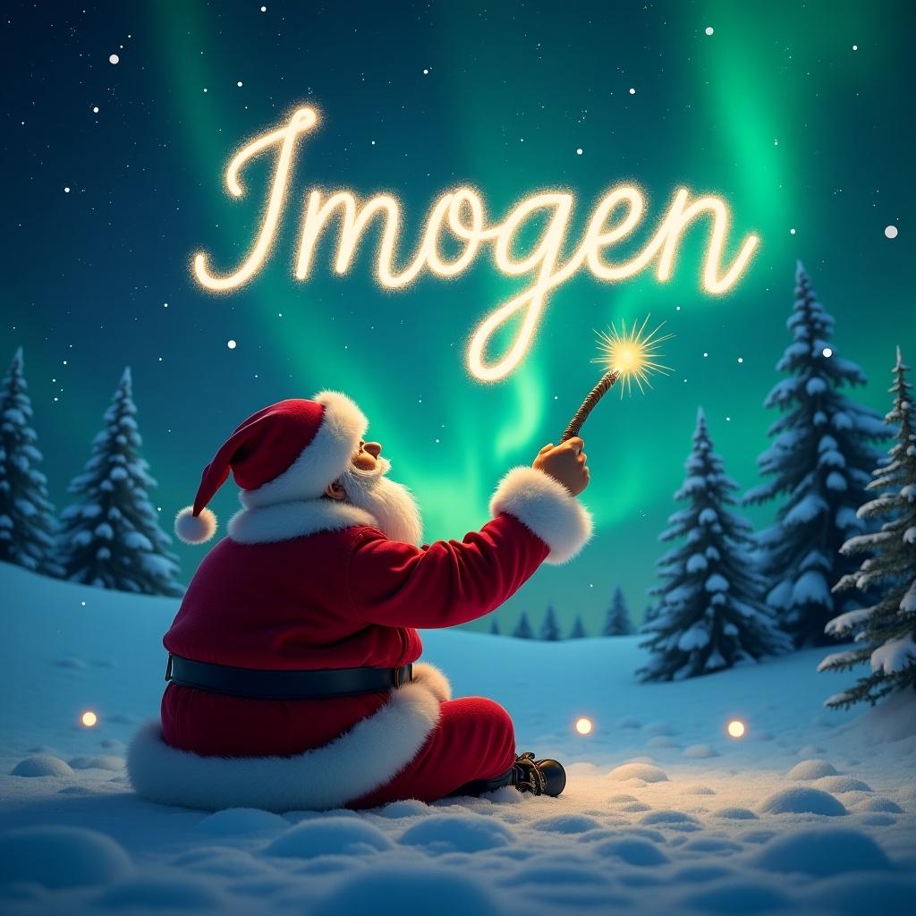 Santa Claus with a red suit faces the sky. Magical Christmas scene with northern lights glows above. Using a wand, he writes 'Imogen' in sparkling light. Captures a moment of wonder in a snowy landscape.