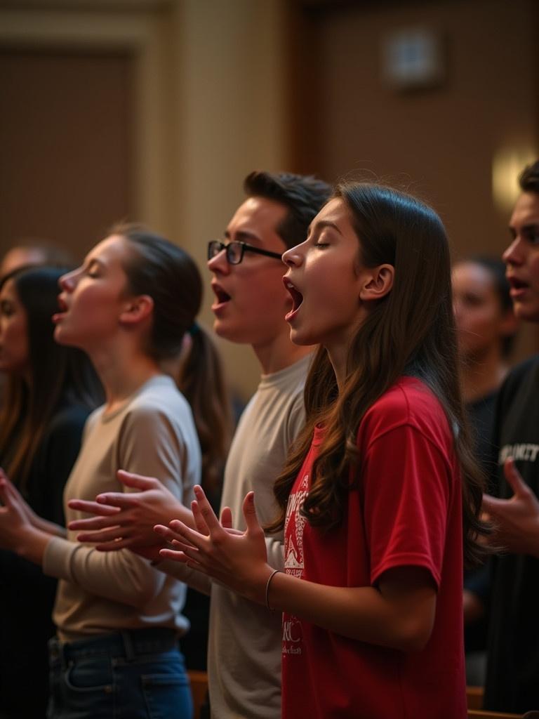 Group of youths engaging in worship at church. They are singing together with enthusiasm. The environment is warm and inviting. Participants are dressed in casual clothing. A sense of community and spirituality emanates from the scene.