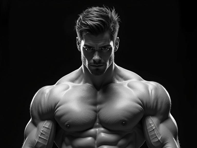 3D artwork featuring a muscular man against a black background. The figure is naked and posed in a full-body shot, looking into the camera at a Dutch angle. The style resembles a hyper-detailed graphite sketch with strong contrasts like seen in Sin City.