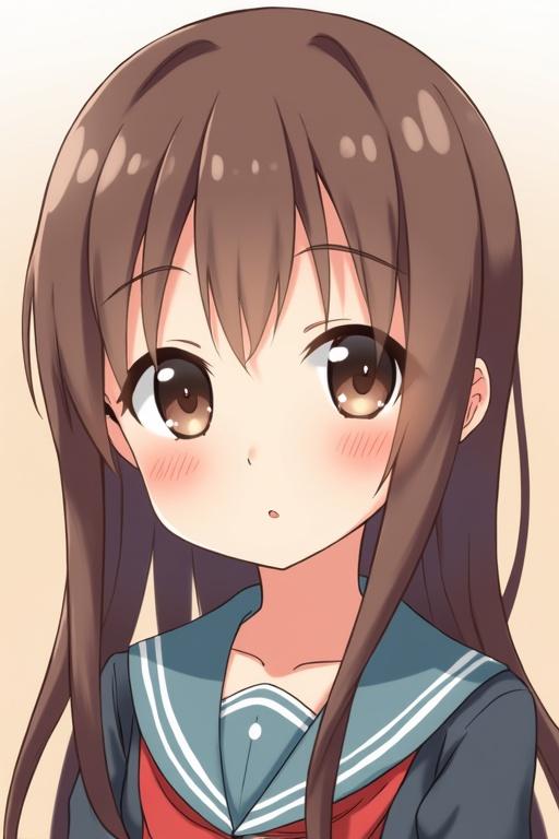 Anime character with brown hair and brown eyes. Features cute makeup style. Soft expression is visible. Wearing a school uniform with a sailor collar.
