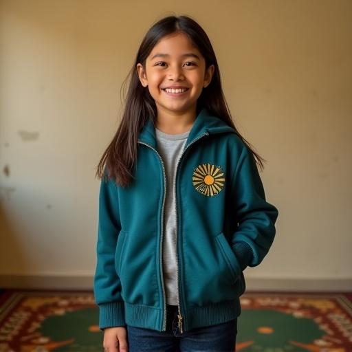 A young girl stands smiling slightly to the right. She wears a teal blue jacket with "Leader" embroidered on it and dark blue jeans. Her hair is slightly past her shoulders and loose. The environment has warm indoor lighting. The background is a light cream wall with a patterned green and orange carpet.