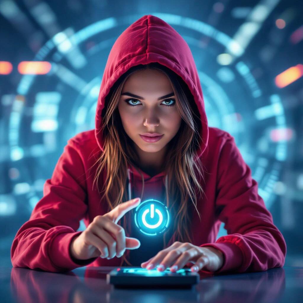A girl in a red hoodie is interacting with a glowing power button. She is looking directly at the viewer. Digital interface elements are visible in the background.