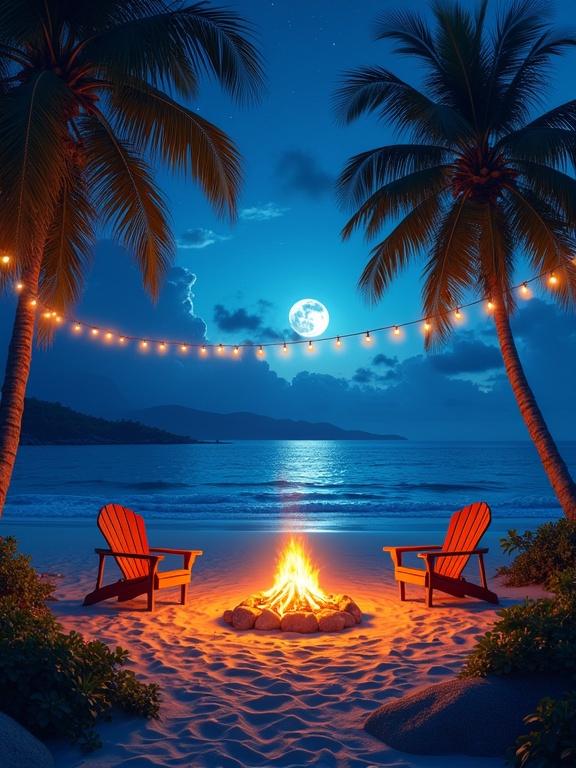 Tranquil beach scene at dusk features campfire surrounded by palm trees and chairs. String lights illuminate space against blue sky. Vibrant tropical beach landscape at twilight includes glowing planets and soft clouds. Vivid lighting creates depth and serenity in composition.
