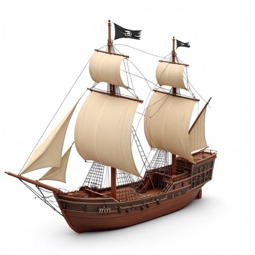 Pirate ship illustration in a vector style. The ship is centered against a white background. Features clean lines with a matte finish. No lighting or shadows present. The design is zoomed out in isometric perspective. Wide shot showcases the full frame of the ship.