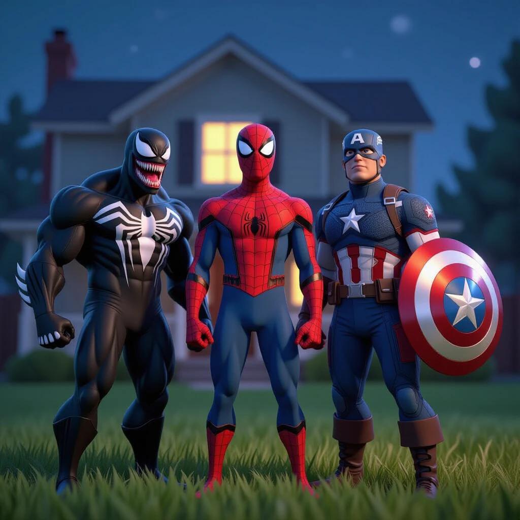 Venom and Spider-Man and Captain America stand closely together on green grass in front of a suburban house at night. They look upwards. Spider-Man is in the center with a skeptical expression. Venom is on one side and Captain America on the other. Each has a confused expression. 3D style, cartoon.