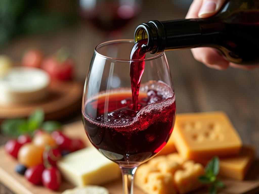 A close-up shot of a glass being filled with red wine. The wine is being poured from a bottle, and you can see the vibrant color and bubbles as it swirls in the glass. In the background, there is a delicious spread of cheese and snacks, showcasing a variety of textures and colors. The atmosphere feels warm and inviting, perfect for a gathering or a special dinner. The focus is on the rich red of the wine, contrasting with the light colors of the food.