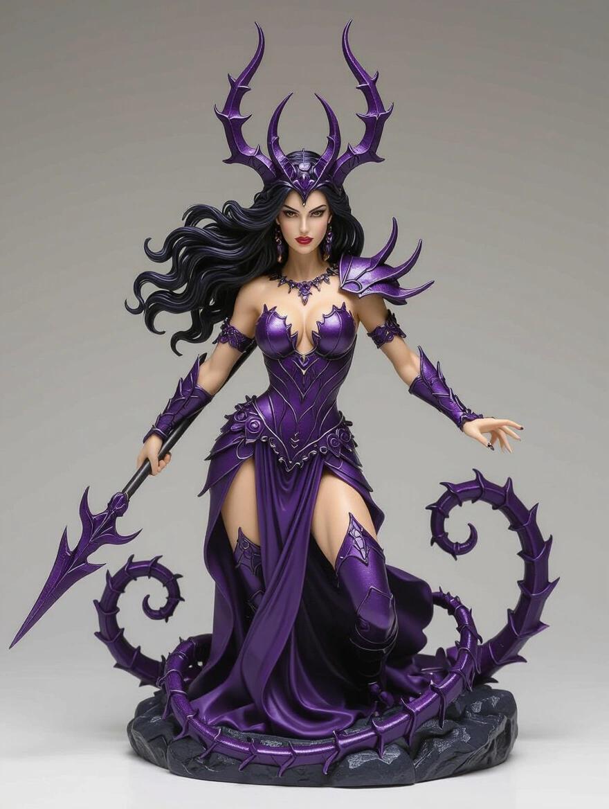 Resin sculpture of a goddess inspired by the Scorpio sign. The figure is slender and strong. She has long black hair and a sharp crown. Armor is purple with scorpion symbols. In an attack pose holding a weapon. The background is rocky with a dark atmosphere. Design is elegant and mystical.