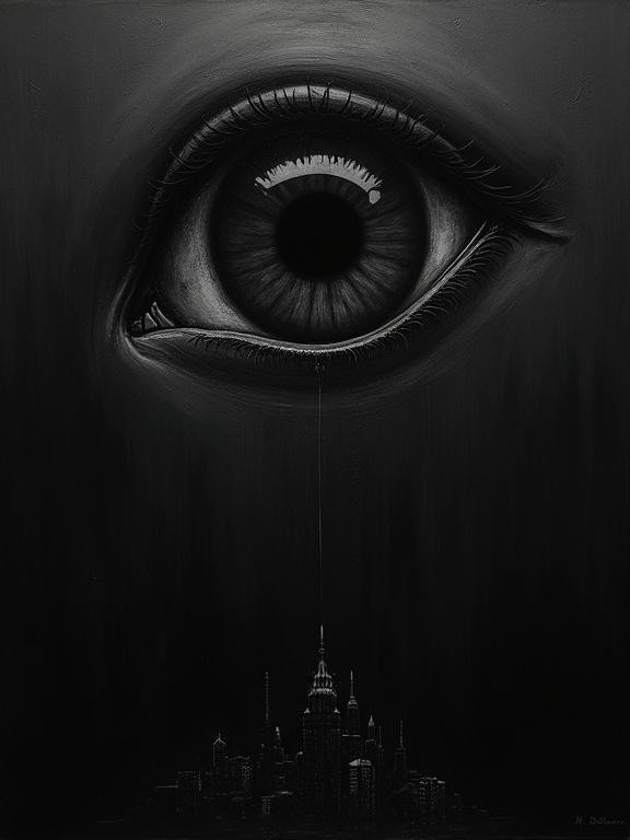 An extremely rough oil painting on a completely black background depicting a giant eye filled with cosmic darkness. The eye is located in the top corner diagonally. At the bottom, the title 'That Familiar Static' and the artist's name 'H. Bellerose' are integrated into the shape of a small town.