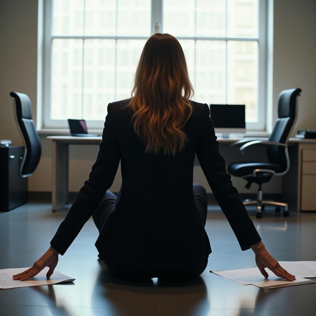 A woman in a business suit is seated on her hands and knees in a modern office. She is viewed from behind, with her hair falling softly on her shoulders. The office is minimalistic, featuring a large window that lets in natural light. Papers are scattered on the floor around her. Her posture suggests a moment of contemplation or stress relief in a professional setting.