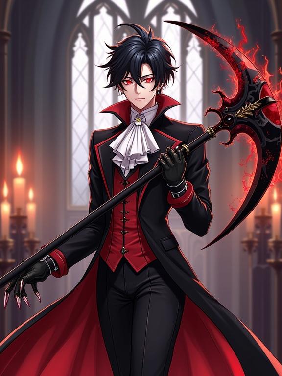 Official Genshin Impact art style featuring Arlecchino. Full-body portrait with sharp asymmetrical hair. Red eyes glowing with a sinister expression. Elegant black tailcoat with crimson accents. High-neck white shirt and red corset. Holding a dual-bladed scythe. Dark flames wreathed around the weapon. Gothic cathedral background with candlelight. Intricate details and volumetric lighting.