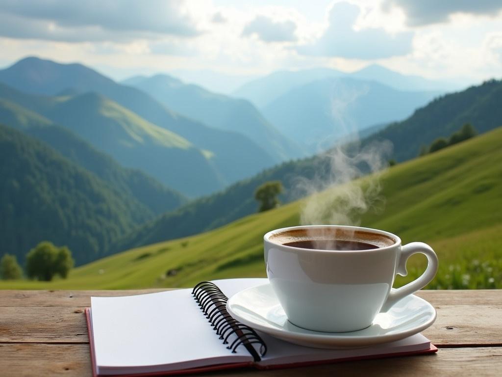 This image features a steaming cup of coffee placed on a white saucer, which lies on top of a spiral-bound notebook. The background showcases a breathtaking mountainous landscape, filled with rolling green hills under a vibrant, cloudy sky. The view appears serene, with soft rays of sunlight breaking through the clouds. The wooden table beneath the coffee cup adds a rustic charm to the scene. Overall, the image conveys a sense of calm and tranquility, perfect for a peaceful moment of reflection or inspiration.