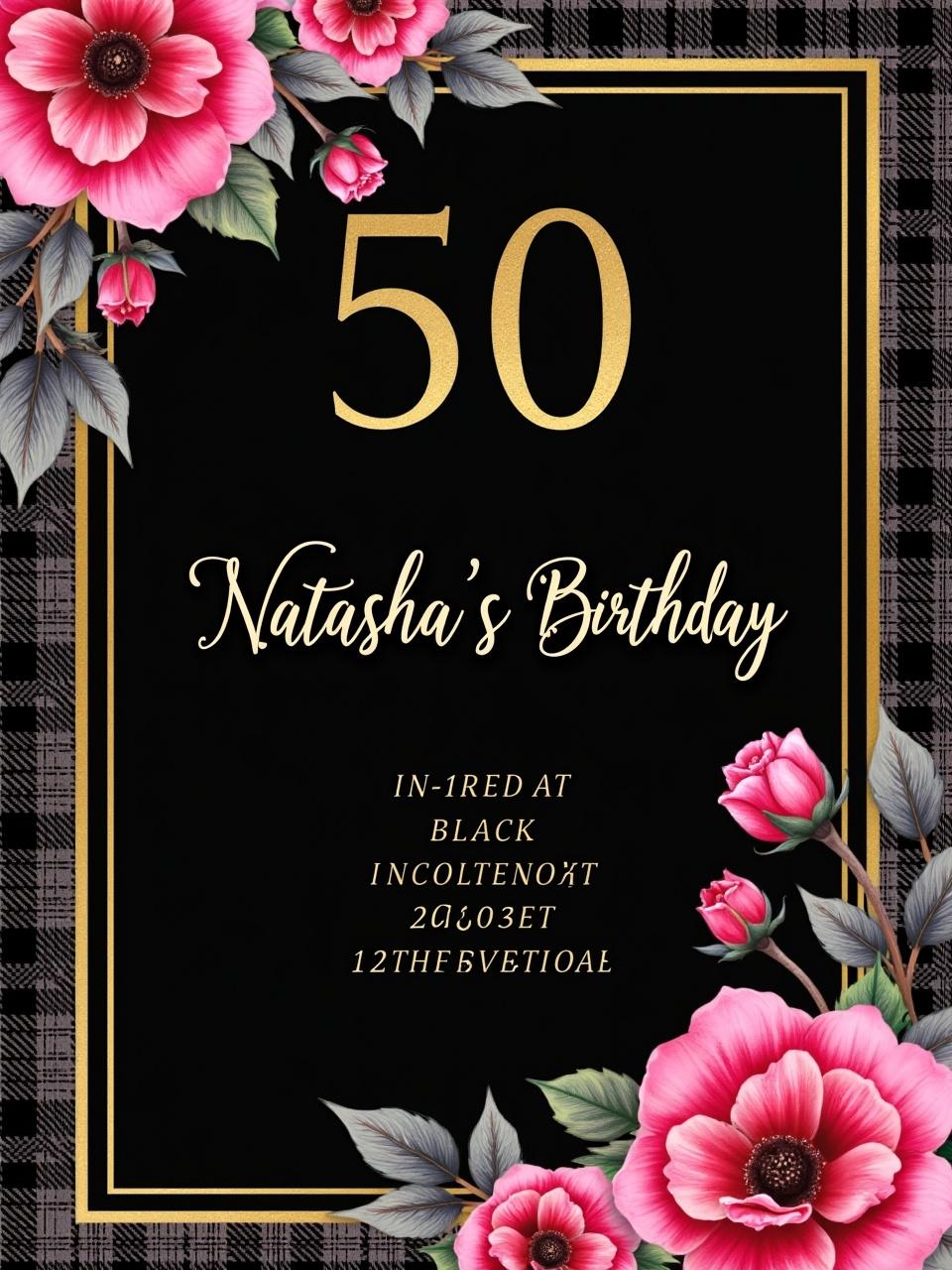 50th birthday invitation featuring a black background and bright pink flowers. Includes the name Natasha and event details for December 24, 2024.