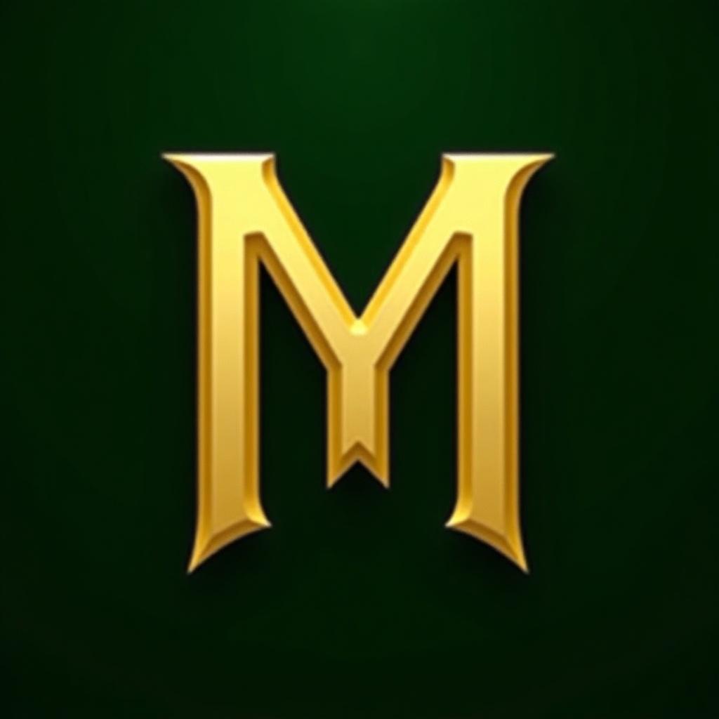 Bold golden letter 'M' displayed against dark green background.