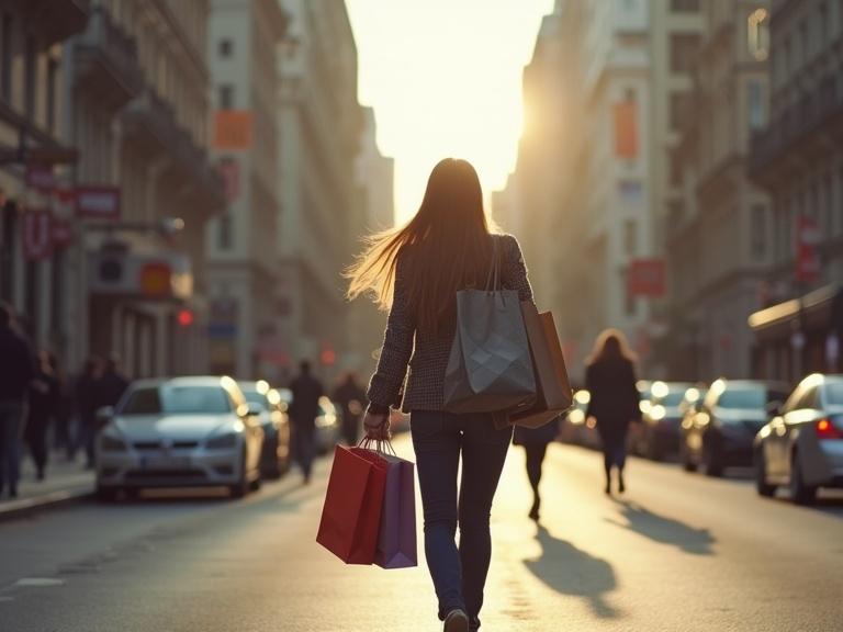 Woman walks down a city street carrying shopping bags under a setting sun. Warm golden light highlights the scene. The atmosphere is lively with urban elements.