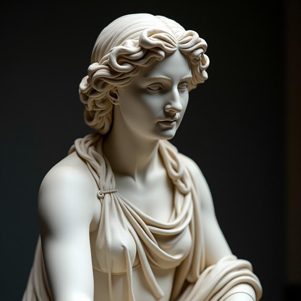 Detailed Greek marble statue of a woman. She has wavy hair and is sitting.