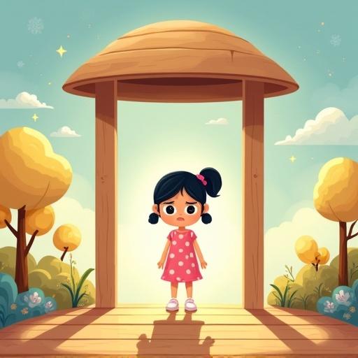A soft flat-style illustration shows a simple wooden pavilion with an open space. The scene is a fantasy landscape rich in soft colors, glowing trees, and gentle skies. Leila stands in the center wearing a pink polka dot dress. She appears frustrated looking at her distorted shadow on the wooden floor. The surroundings are serene yet contrast sharply with her emotions, illustrating the complexity of childhood. Warm lighting adds to the dreamy atmosphere.