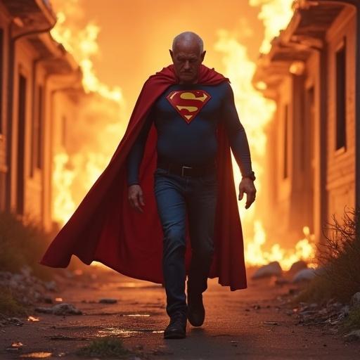 A dejected old superhero walks away from a burning building using a walking frame. The scene depicts flames in the background creating a dramatic atmosphere.