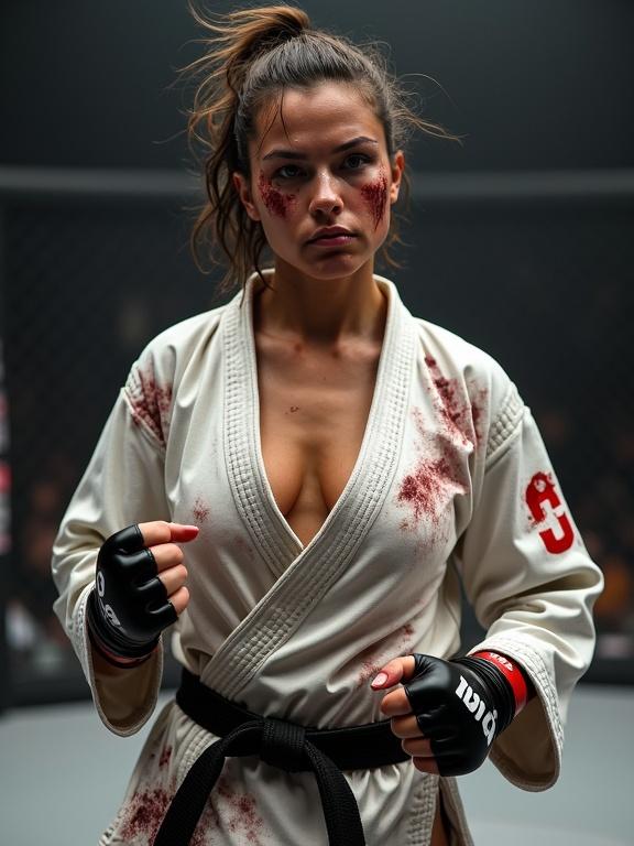 Full body image of an athletic woman in a karate gi. Gi shows signs of wear with bloody smudges. Hair is untidy and styled asymmetrically. Face has heavy bruises. Woman appears exhausted but focused, ready to win. Fists are bloodied and raised. Setting is a MMA arena.