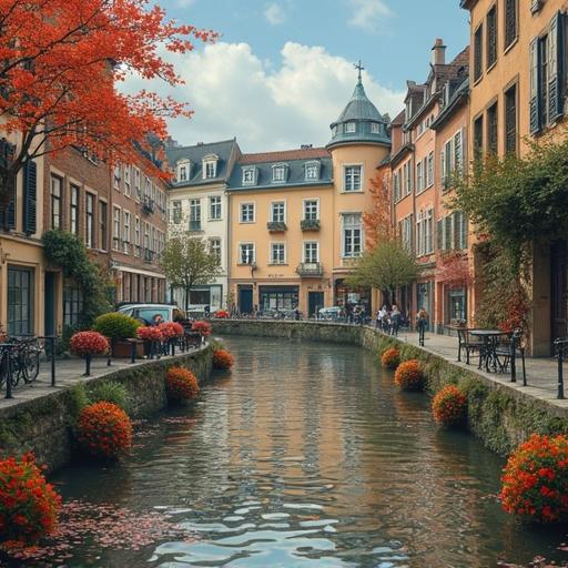 Picturesque canal with colorful historic buildings. Flower pots adorn the water's edge. Clear blue sky overhead.