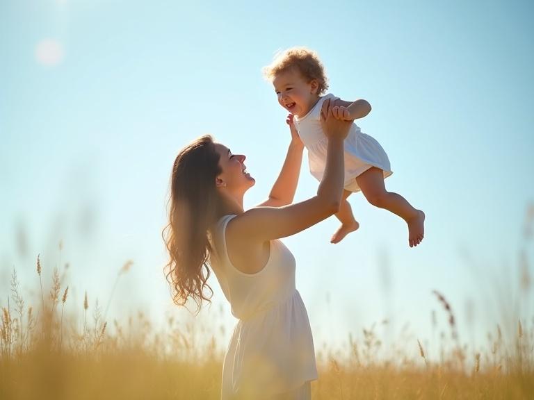 Joyful mother holding child in the air surrounded by tall grass. Bright blue sky in the background. Both are smiling in a playful outdoor scene. Natural light creates warmth. Mother and child wear white clothes. Focus on emotions and family bond.