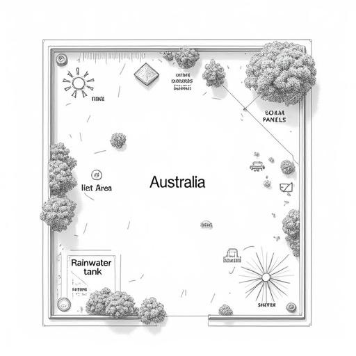 Clean top-down line-art diagram of a 1-hectare off-grid property in Australia in 2025. Rectangular plot with labeled features including flat area for shelter, sunny spot for solar panels, low-lying area for rainwater tank, and firebreak. Small compass rose shows north with icons for eucalyptus trees and rocky terrain. Simple black-and-white style for beginners.