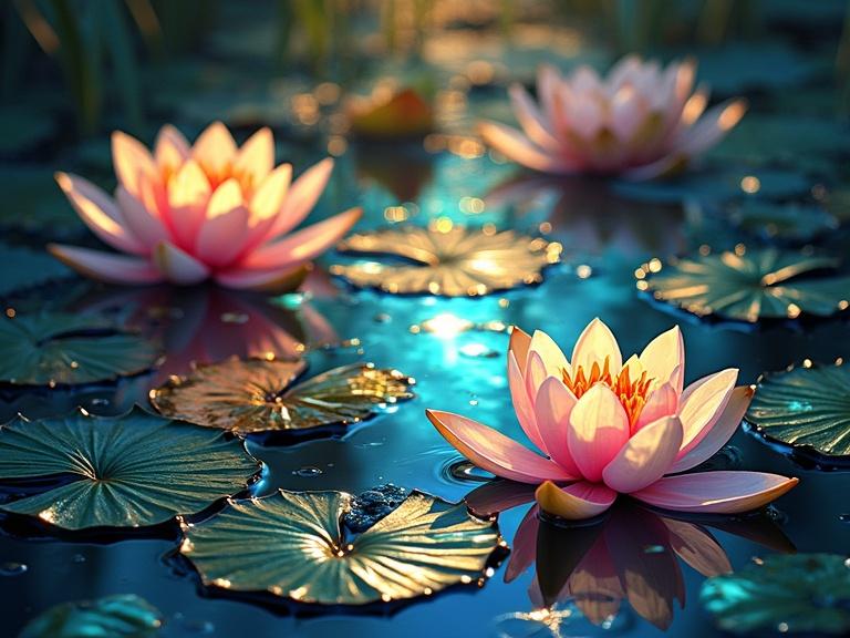 A luminous lily pond with colorful water lilies and pads. Intricate stained glass effect with glowing colors. Light patterns created by sunlight reflecting on water. Organic and natural elements throughout the scene.