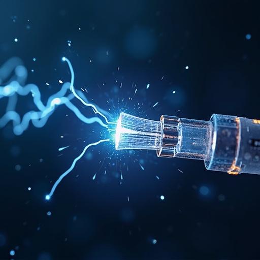 Image representing electric current flowing through a wire. Show a close-up view with a bright spark at the tip of the wire. Include electric blue colors and vibrant lighting effects to capture the energy.
