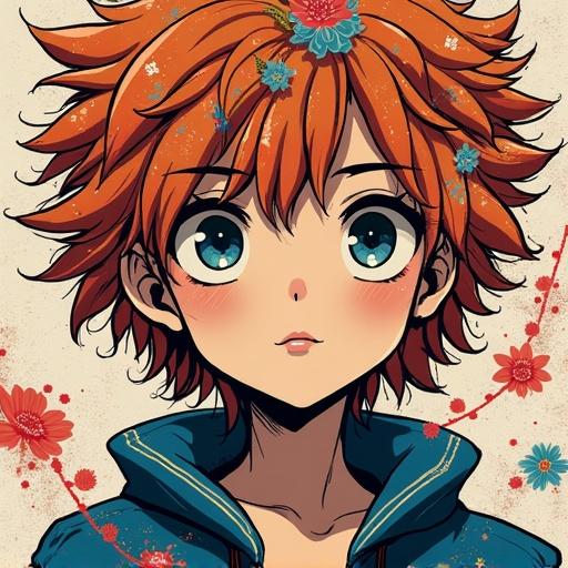 A vibrant character portrait depicting self-expression. The character has spiky orange hair decorated with flowers. The background is simple with subtle floral elements. The style is inspired by Takahashi Macoto.