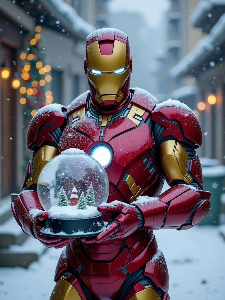 Iron Man is in a winter setting. He holds a snow globe depicting a Christmas scene. Snow covers the ground. Christmas trees illuminate the street. The atmosphere is festive and joyful. The character shows a playful side during the holiday season.