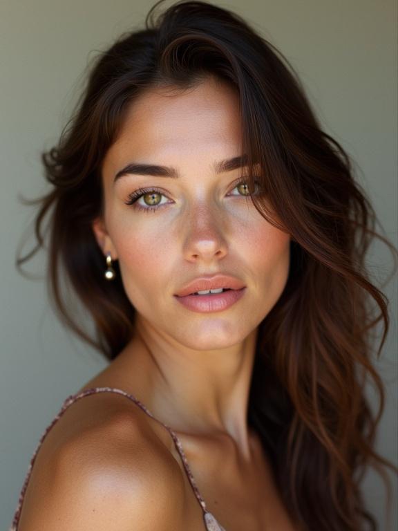 Portrait of a young woman. Light olive skin. Softly defined jawline. Medium brown hair in loose waves. Hazels almond-shaped eyes with natural lashes. Subtle makeup highlights light pink full lips. Gently arched brows. Natural lighting softens facial contours. Plain neutral background. Shot on Canon AE-1 Kodachrome film.