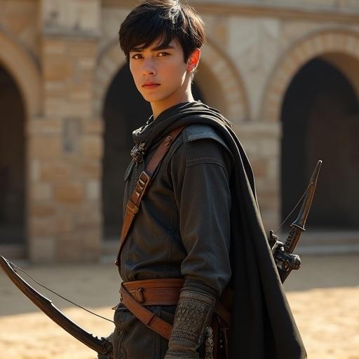 A handsome teenage boy stands confidently in a medieval training ground. The setting features stone arches and wooden targets. He wears a finely tailored dark leather jerkin over a reinforced linen shirt with silver-thread accents. His medium-length black hair cascades over his shoulders. A cloak drapes from one shoulder. A short sword is sheathed at his side, and a compact bow is strapped across his back. The atmosphere exudes quiet nobility with golden lighting filtering through light particles. This image showcases the character in a full-body portrait, embodying elegance and strength.
