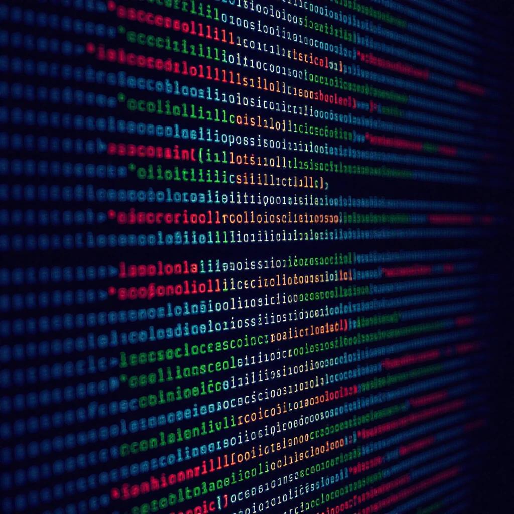 Computer screen displays multiple lines of colorful code. Text features colored functions and variables. Perspective is dynamic with some lines in focus and others blurred. Color scheme includes green blue red and white over dark background. Image evokes tech-oriented atmosphere.